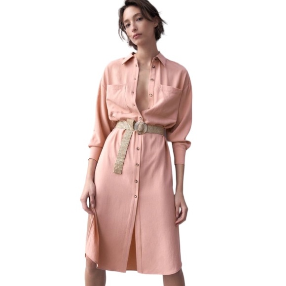 Zara Dresses Zara Light Blush Pink Button Down Long Sleeve Dress Sz Medium No Belt Included